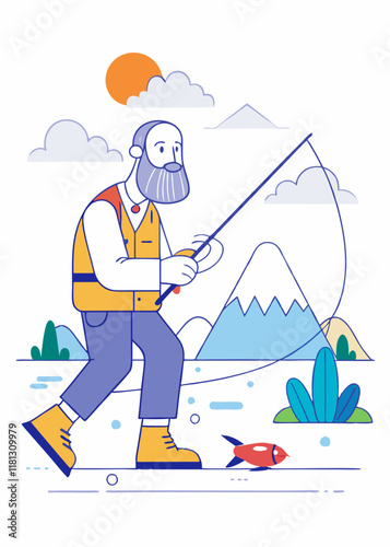 Minimalist Line Art Of Bearded middle-aged fisherman casting fishing rod at scenic lake