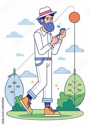 Minimalist Line Art Of Bearded middle-aged fisherman casting fishing rod at scenic lake