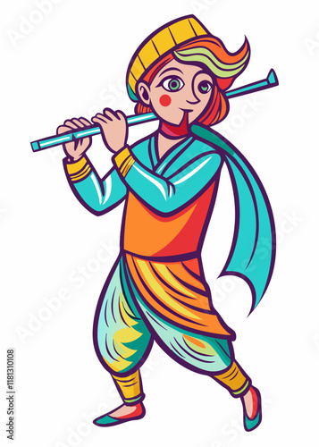 Minimalist Line Art Of Young Indian boy in traditional attire playing flute. Isolated character vector illustration of a cultural musician.
