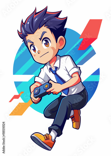 制服を着た日本の十代の少年が自宅でビデオゲームをプレイしています。若いゲーマーがコントローラーを持ち、画面に集中してオンラインゲームセッションを楽しんでいます。