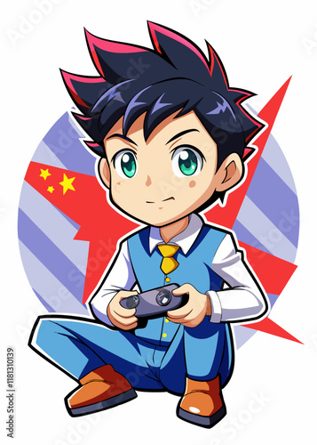 制服を着た日本の十代の少年が自宅でビデオゲームをプレイしています。若いゲーマーがコントローラーを持ち、画面に集中してオンラインゲームセッションを楽しんでいます。