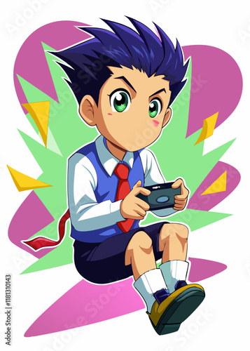 制服を着た日本の十代の少年が自宅でビデオゲームをプレイしています。若いゲーマーがコントローラーを持ち、画面に集中してオンラインゲームセッションを楽しんでいます。
