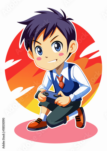 制服を着た日本の十代の少年が自宅でビデオゲームをプレイしています。若いゲーマーがコントローラーを持ち、画面に集中してオンラインゲームセッションを楽しんでいます。