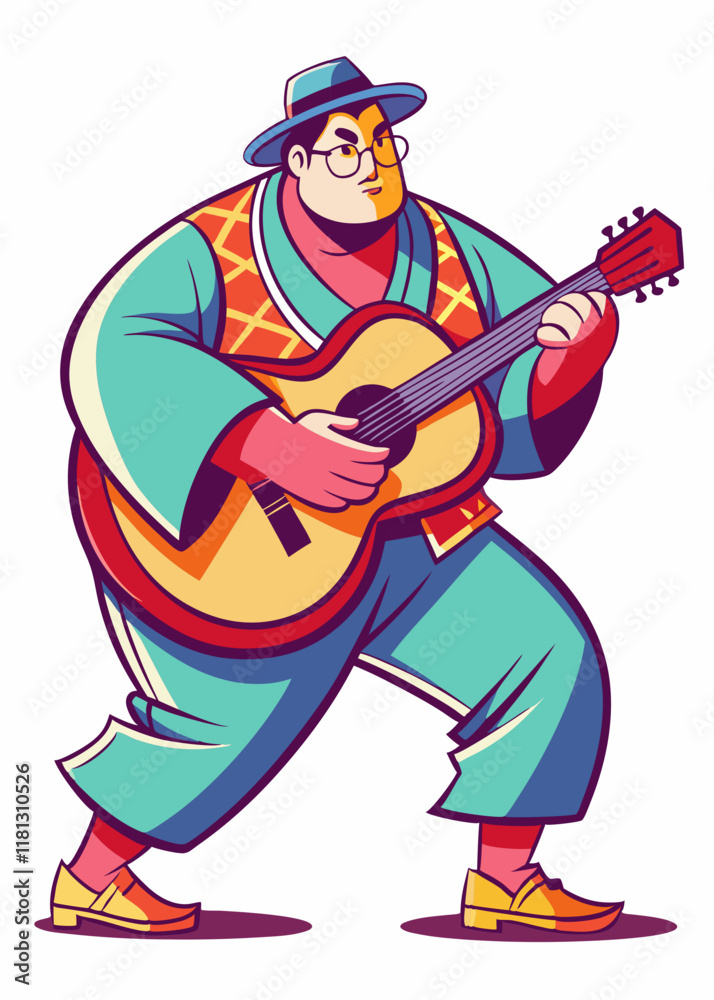ギターを弾き、音楽を通して喜びを表現する幸せそうなプラスサイズの日本人男性。カジュアルな服装でアコースティックギターをかき鳴らす太りすぎのミュージシャン。孤立したキャラクター、ベクターイラスト ギターを弾き、音楽を通して喜びを表現する幸せそうなプラスサイズの日本人男性。カジュアルな服装でアコースティックギターをかき鳴らす太りすぎのミュージシャン。孤立したキャラクター、ベクターイラスト