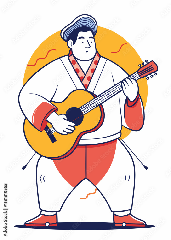 ギターを弾き、音楽を通して喜びを表現する、幸せそうなプラスサイズの日本人男性のミニマリスト線画。 ギターを弾き、音楽を通して喜びを表現する、幸せそうなプラスサイズの日本人男性のミニマリスト線画。