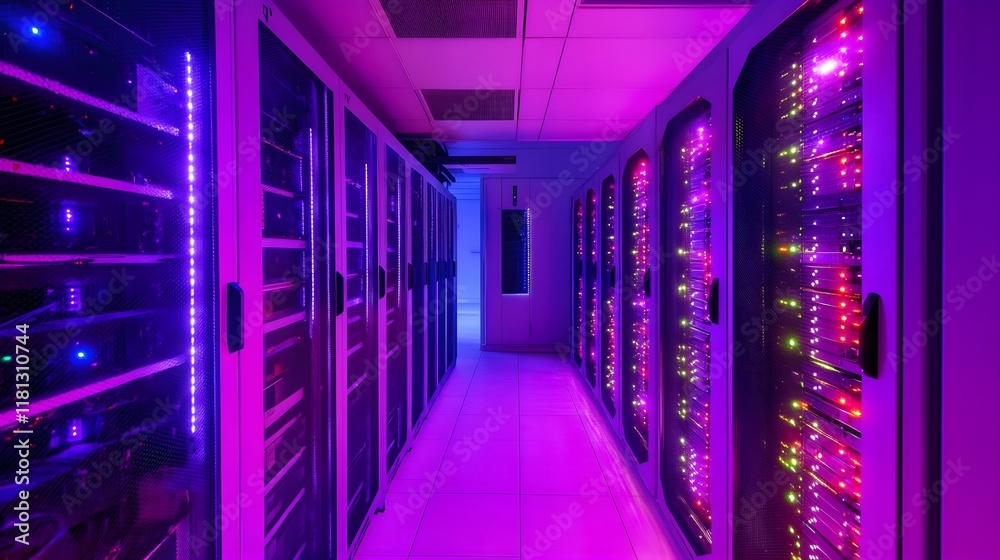 Fototapeta premium A secure server room with glowing nodes representing financial transactions.