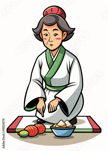 おいしい巻き寿司を作る日本人女性の寿司職人。シェフの制服を着たプロの料理専門家、隔離されたベクターイラスト。