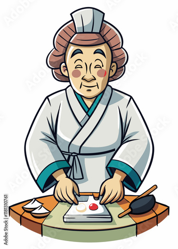 おいしい巻き寿司を作る日本人女性の寿司職人。シェフの制服を着たプロの料理専門家、隔離されたベクターイラスト。