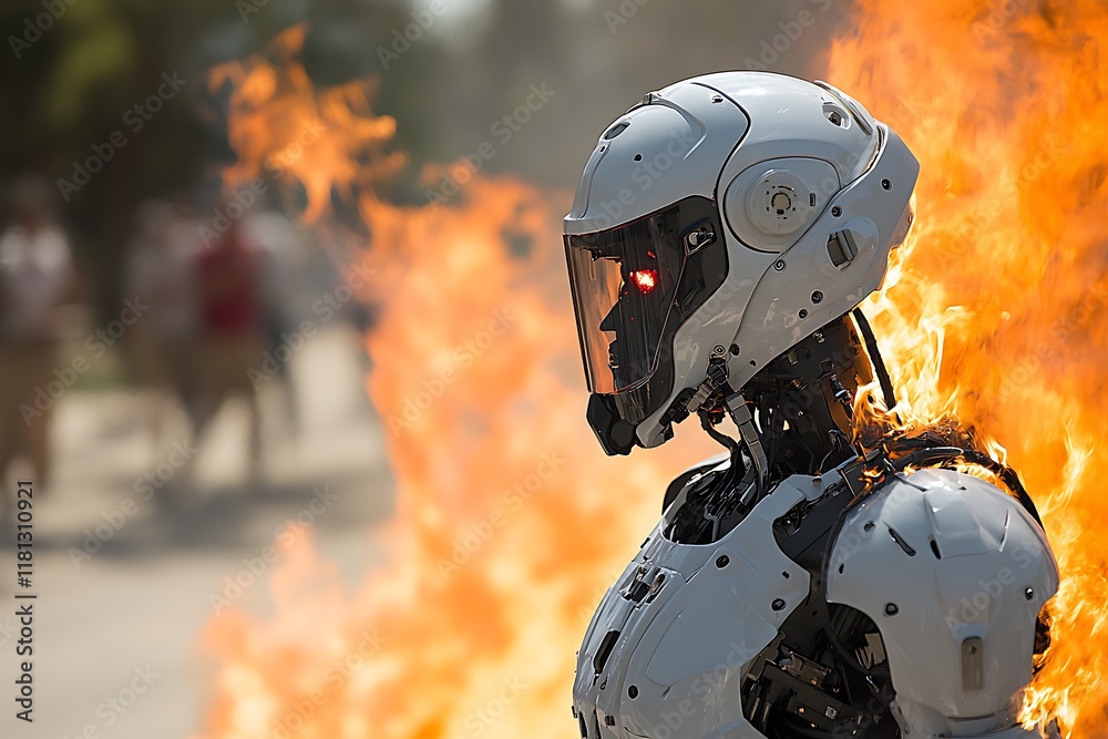 Robotic Figure Ablaze Amidst Fiery Background Robotic Figure Ablaze Amidst Fiery Background