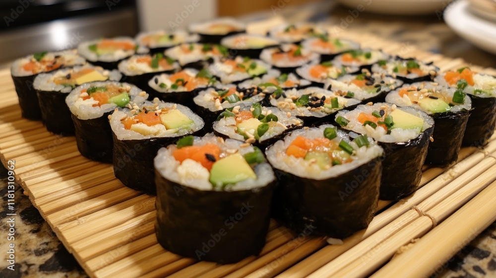 Plate of delicious plant-based sushi rolls filled with avocado, cucumber, and carrots, displayed on a bamboo mat for an authentic look Plate of delicious plant-based sushi rolls filled with avocado, cucumber, and carrots, displayed on a bamboo mat for an authentic look