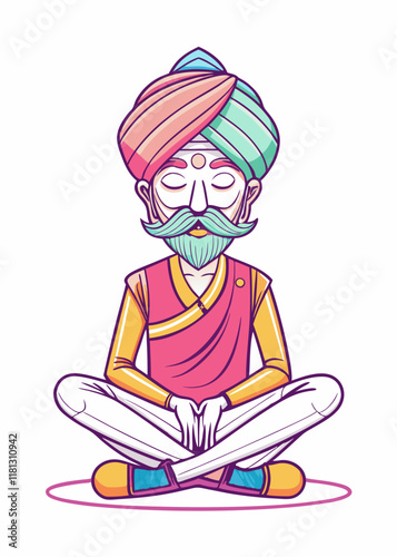 Minimalist Line Art Of Senior Sikh man practicing deep breathing and inner peace, traditional character sitting cross-legged in spiritual contemplation.