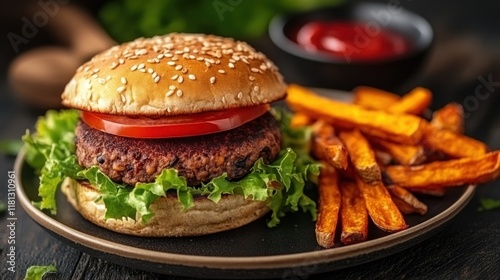 Plate of black bean burgers served with fresh lettuce, tomato, and a side of sweet potato fries, capturing a satisfying plant-based protein source photo