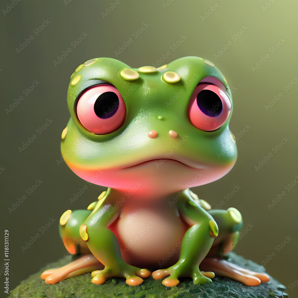Fototapeta premium 3D frogs with glowing, gradient patterns on their skin on a plain mossy green background, ultra-detailed.