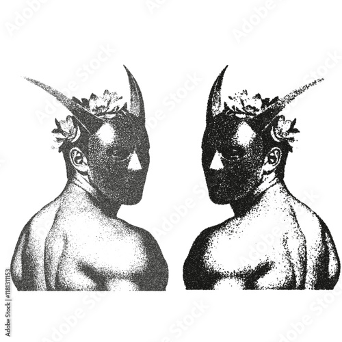 Two demons in the mirror in two different styles, stars and dots. Fine stipple effect. Vintage look. Quality resource for any project. 