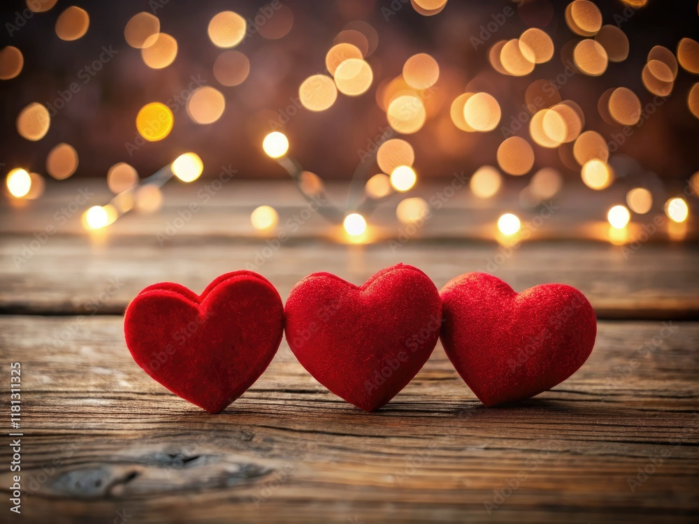 Three red hearts, a rustic wood backdrop, romantic Valentine's night captured in a captivating photograph. Three red hearts, a rustic wood backdrop, romantic Valentine's night captured in a captivating photograph.