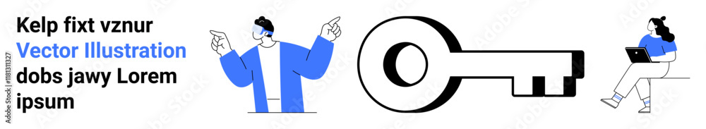 Two business figures in blue, text elements, and a black key symbol. Ideal for security, teamwork, business strategies, digital marketing, creative concepts, communication, landing page Two business figures in blue, text elements, and a black key symbol. Ideal for security, teamwork, business strategies, digital marketing, creative concepts, communication, landing page