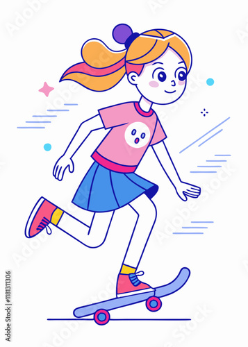 Arte lineal minimalista de niña con coletas haciendo skate, ilustración vectorial de personaje aislado simple.