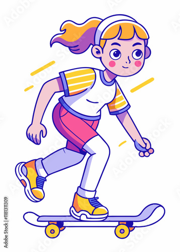 Arte lineal minimalista de niña con coletas haciendo skate, ilustración vectorial de personaje aislado simple.