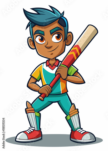Teenage Indian boy in cricket uniform holding bat, isolated character. Young cricket player ready to bat, professional sports vector illustration.

