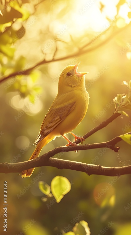 Fototapeta premium Golden Bird Singing in Sunlight