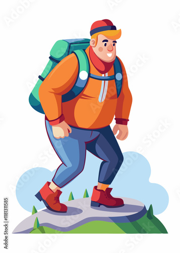 Plus-sized white man hiking up a steep mountain trail, wearing outdoor gear and carrying a backpack