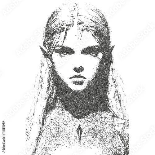 Princess Half Elf Warrior. Fine dot stipple effect. Vintage look. Quality resource for any project. 