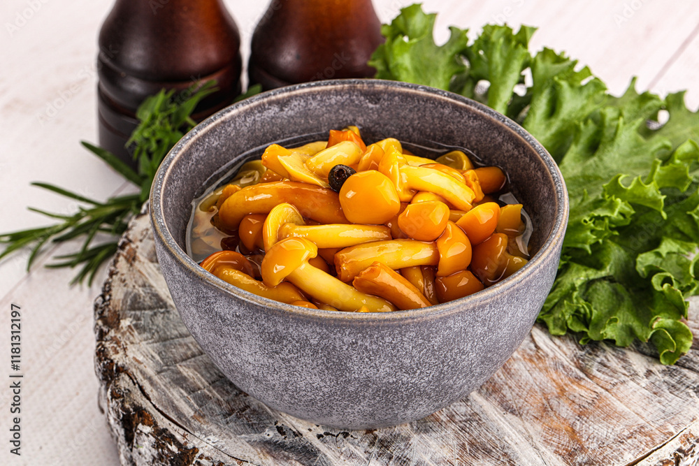 Marinated honey mushroom in the bowl Marinated honey mushroom in the bowl