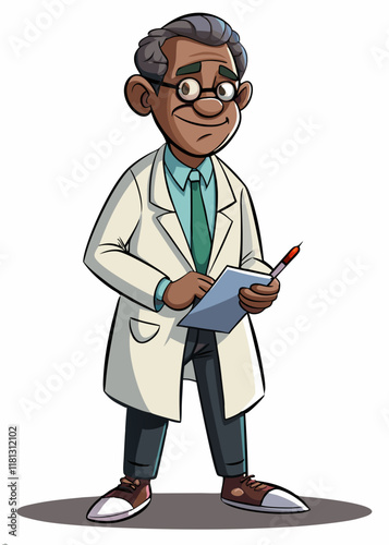 Black doctor holding clipboard writing prescription. Professional African American physician in white coat isolated on white background.

