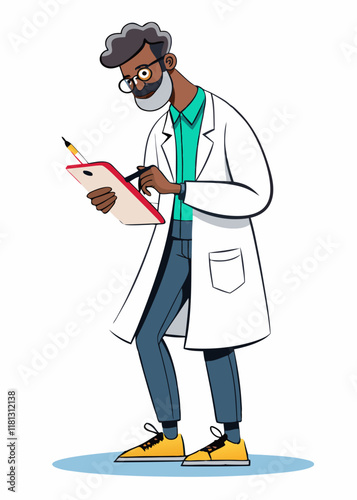Minimalist Line Art Of Black doctor holding clipboard writing prescription. Professional African American physician in white coat isolated on white background.

