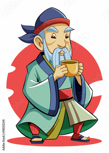 伝統的な着物を着た年配の日本人男性がお茶を飲んでいます。静かな雰囲気の中で抹茶を楽しむアジア系の年配の紳士、隔離されたベクターイラスト。