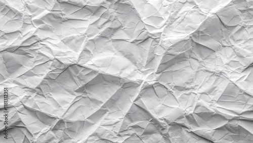 Design a textured background featuring a white paper surface that has been crumpled and glued in places. The wrinkles should be prominent, with slight discoloration around the glued areas to highlight