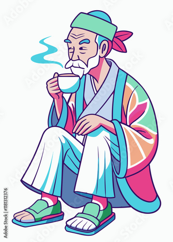 伝統的な着物を着てお茶を飲む年配の日本人男性のミニマリスト線画。静かな雰囲気の中で抹茶を楽しむアジア系の年配の紳士、隔離されたベクターイラスト。