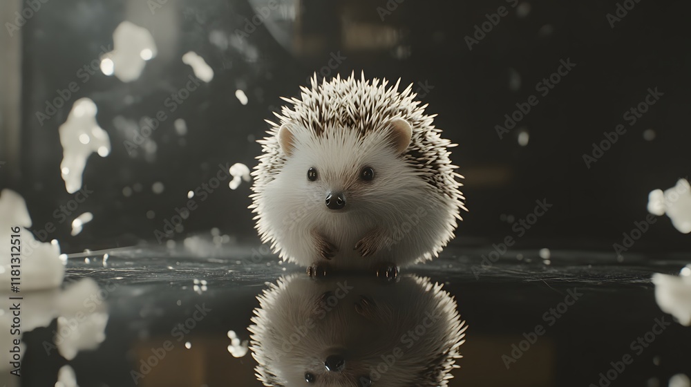 Fototapeta premium A small hedgehog is sitting on the table, its spines raised up, and it has white fur with black spots all over its body.