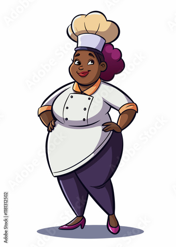Plus-sized Black woman chef standing confidently in uniform. Professional African American female cook in isolated character vector illustration.
