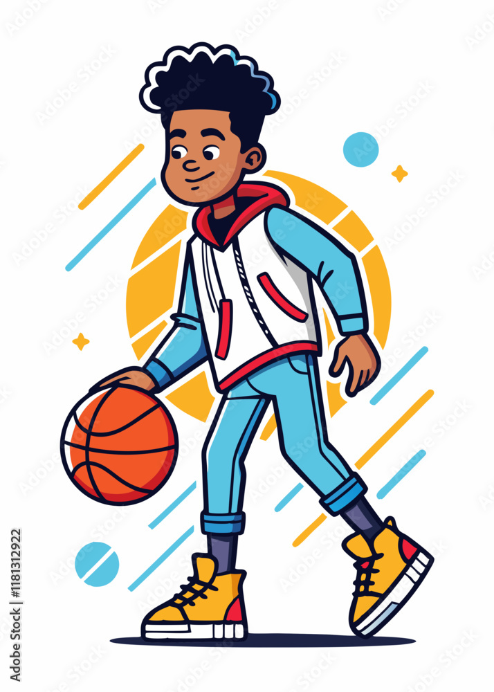 Minimalist Line Art Of Black boy in casual clothes playing basketball. Active African American kid dribbling ball, dynamic sports character vector illustration. Minimalist Line Art Of Black boy in casual clothes playing basketball. Active African American kid dribbling ball, dynamic sports character vector illustration.