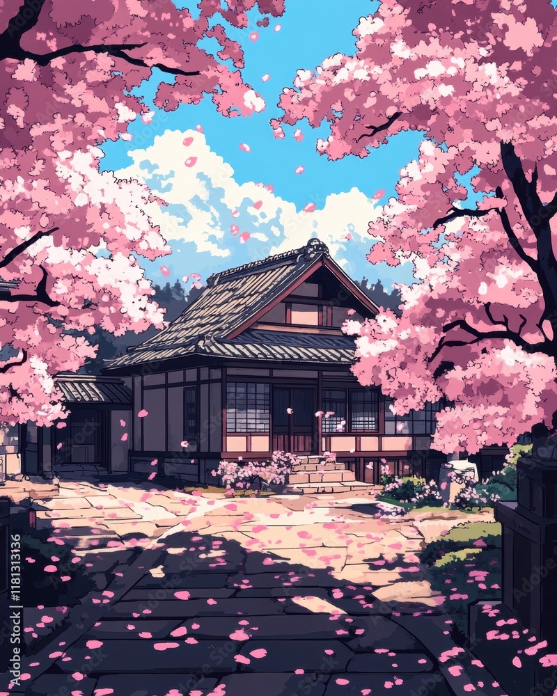 A serene Japanese house surrounded by blooming cherry blossom trees. A serene Japanese house surrounded by blooming cherry blossom trees.