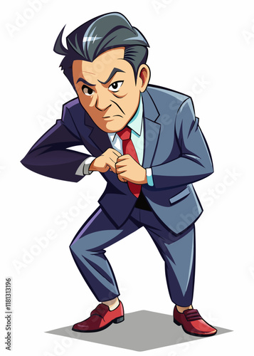 フォーマルなスーツを着た怒っている中年の日本人男性、孤立したキャラクター。厳しい表情、企業でのストレス、職業上の感情を持つ、イライラしたビジネスマン。