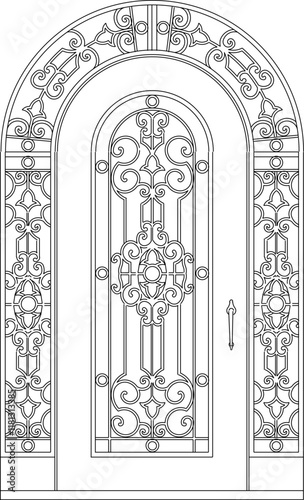 vector sketch illustration of the silhouette of a classic vintage European ethnic fence gate design.eps