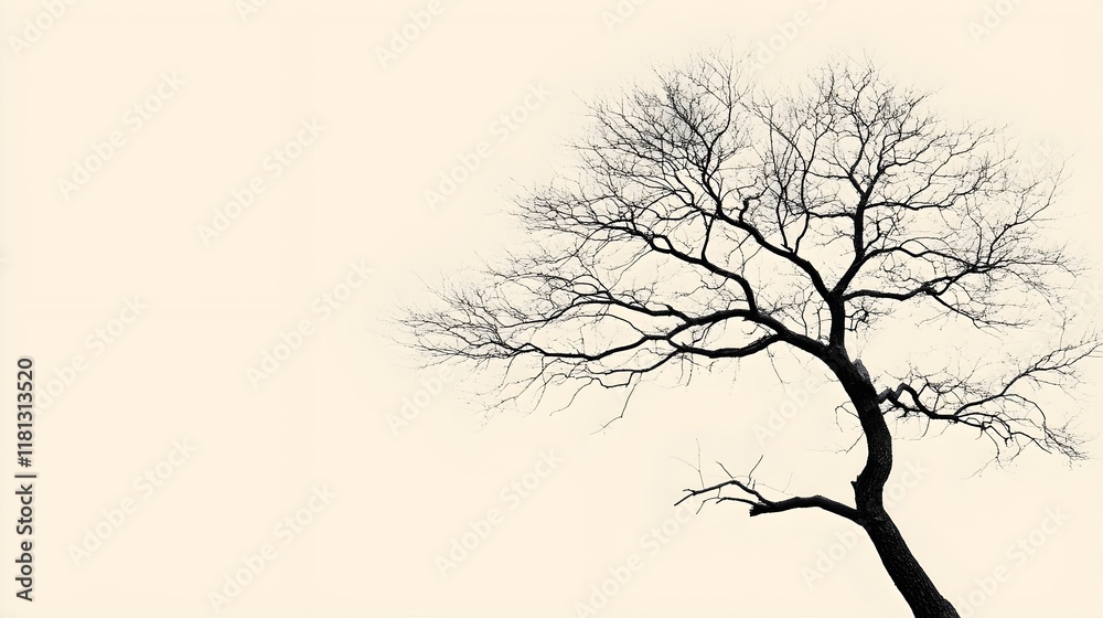 Fototapeta premium A silhouette of a tree with bare branches on a light beige background.