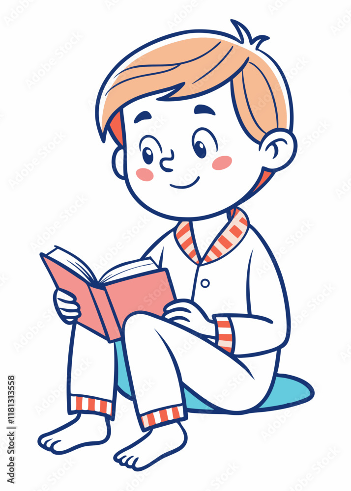 Minimalist line art of young boy in pajamas reading a bedtime story. Isolated character, vector illustration. Minimalist line art of young boy in pajamas reading a bedtime story. Isolated character, vector illustration.