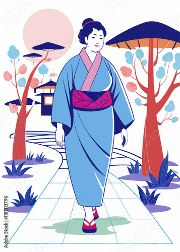 浴衣を着て静かな庭園を歩くプラスサイズの日本人女性のミニマリスト線画。エレガントな着物を着た伝統的なアジアの女性キャラクター、隔離されたベクターイラスト。