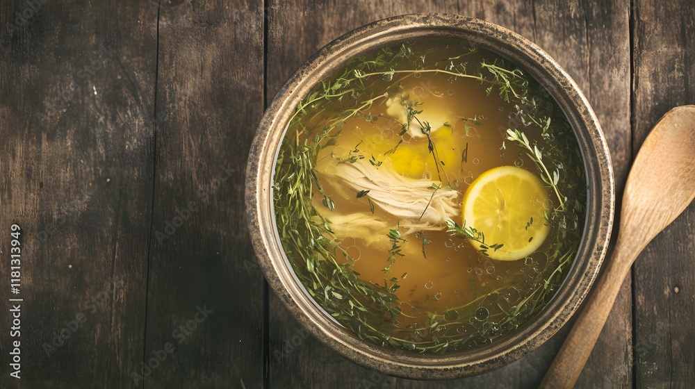 Nutritious bone broth served in a rustic bowl, capturing the essence of warmth and comfort in a meal