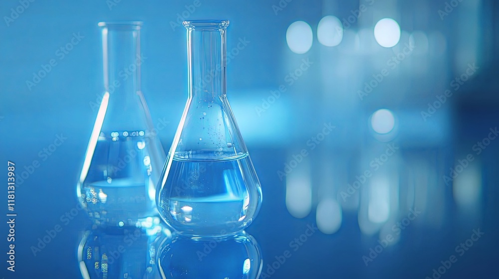 Clear Glass Flasks in a Modern Lab Setting Clear Glass Flasks in a Modern Lab Setting