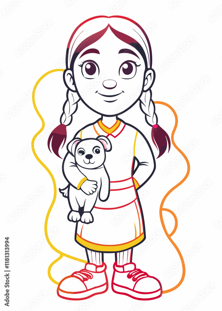 Minimalist Line Art Of Young Indian girl with pigtails holding a puppy, isolated character. Cute child hugging small dog, happy kid with pet in vector illustration. Minimalist Line Art Of Young Indian girl with pigtails holding a puppy, isolated character. Cute child hugging small dog, happy kid with pet in vector illustration.