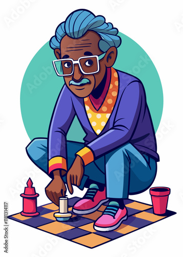 Thoughtful elderly Black man with glasses playing chess, deep in thought while planning his next move