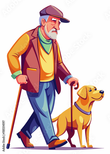 Elderly man walking with a guide dog, using a cane for support. Senior blind man with a service dog, isolated vector illustration.
