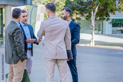 Group of four businessmen in formal and smart casual attire discussing outdoors in a modern urban setting, demonstrating teamwork and collaboration.  photo