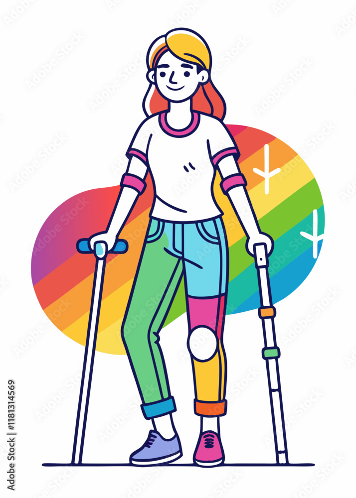 Minimalist Line Art Of Teenage girl with crutches standing against colorful abstract background. Injured young girl with broken leg using support. Minimalist Line Art Of Teenage girl with crutches standing against colorful abstract background. Injured young girl with broken leg using support.