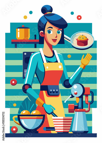Woman with a prosthetic hand cooking food in a modern kitchen. Young female chef with a bionic arm preparing a healthy meal, isolated vector illustration.