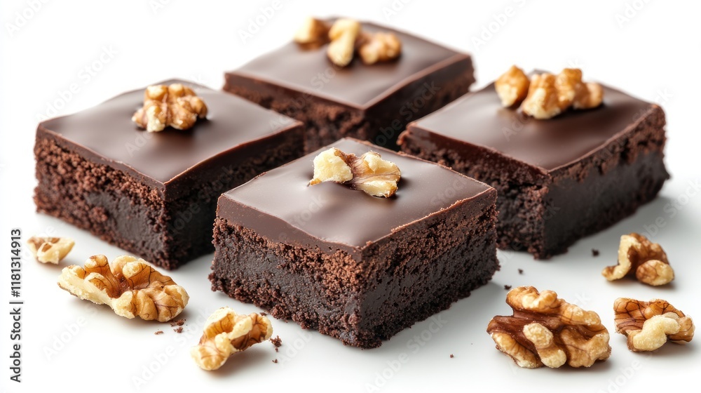 Rich chocolate brownie with a glossy ganache topping, cut into squares and displayed with scattered walnuts on a white background Rich chocolate brownie with a glossy ganache topping, cut into squares and displayed with scattered walnuts on a white background